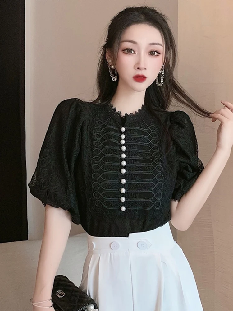 Zoki Chic Puff Sleeve Sweet Lace Blouse Women Elegant Korean Design Shirt Casual Fashion Female Pearl Buttons O Neck Tops New