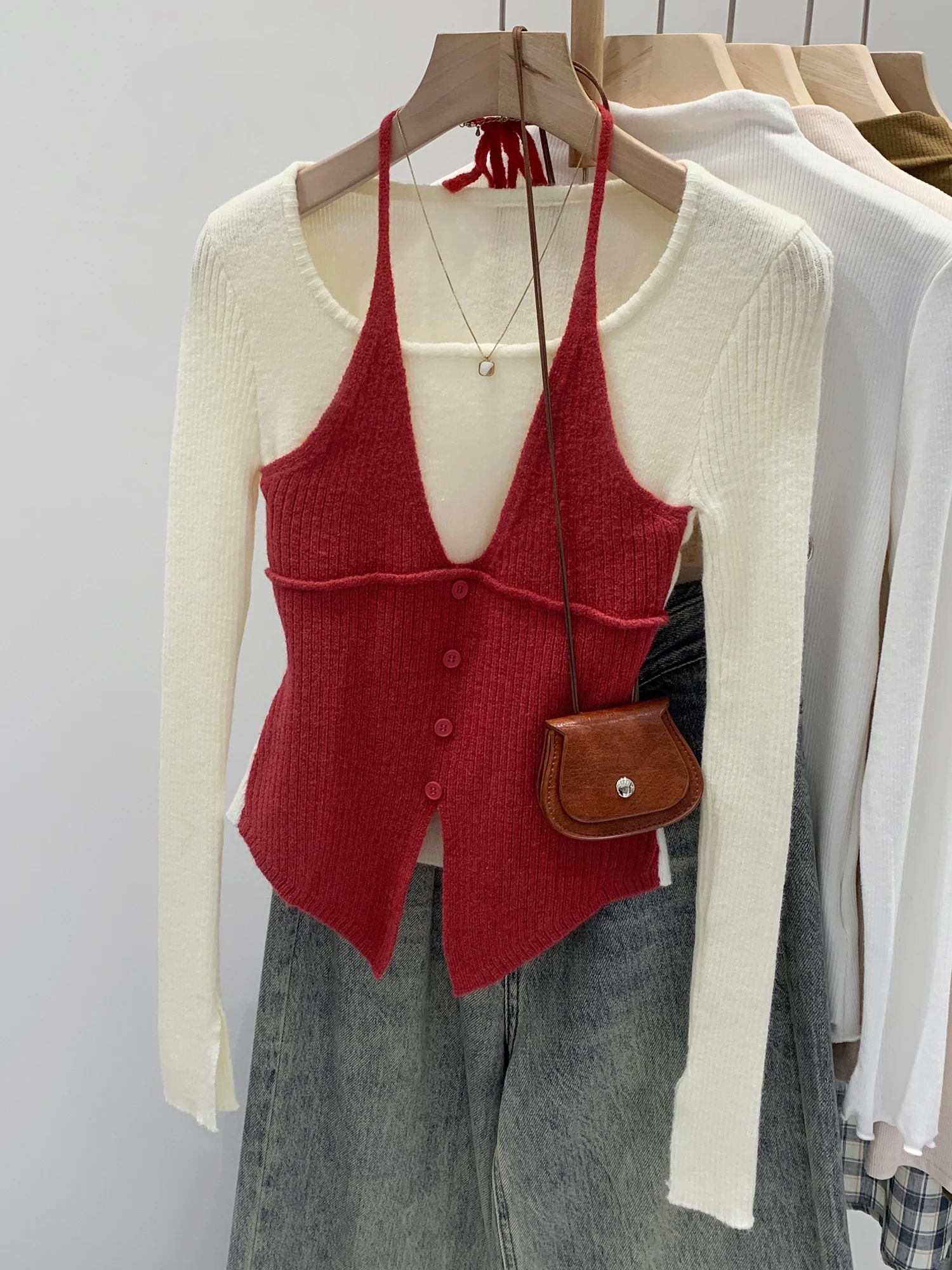 Red Knitted Long Sleeve Sweater Women's Fake Two-Piece Neck Hanging Belt Casual Style Soft Fabric round Neck Short Length