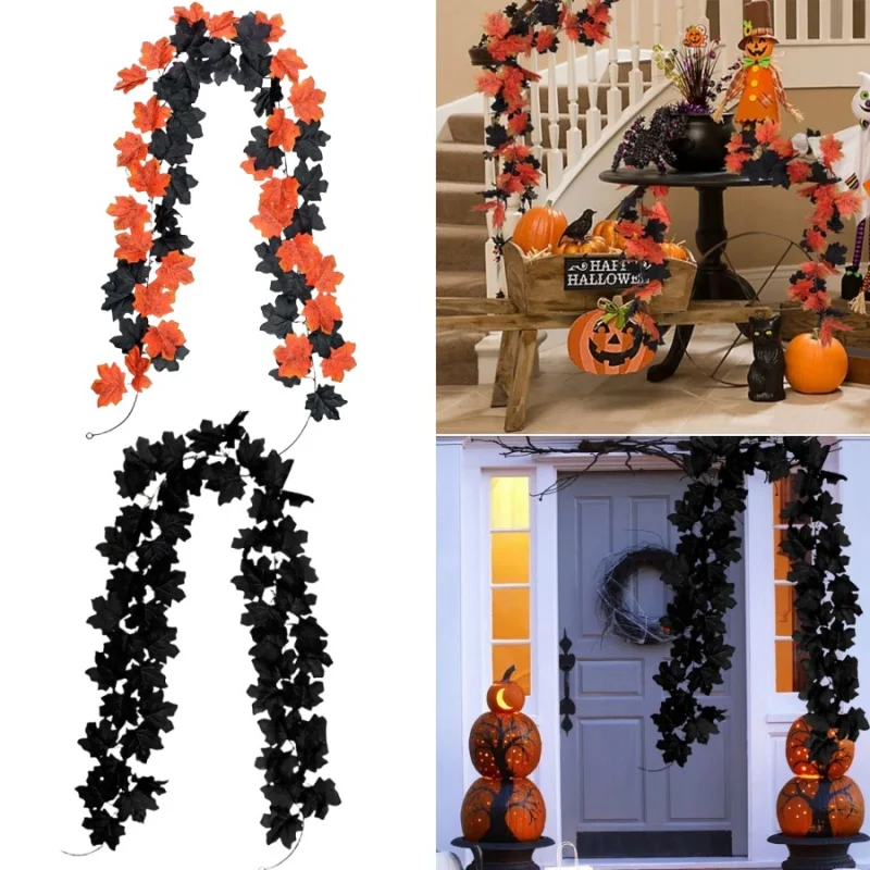 1 pieza de Halloween, hoja de arce Artificial, vid, Festival de la cosecha de Acción de Gracias, otoño, negro, naranja, hogar, jardín al aire libre, puerta, escalera, Garl