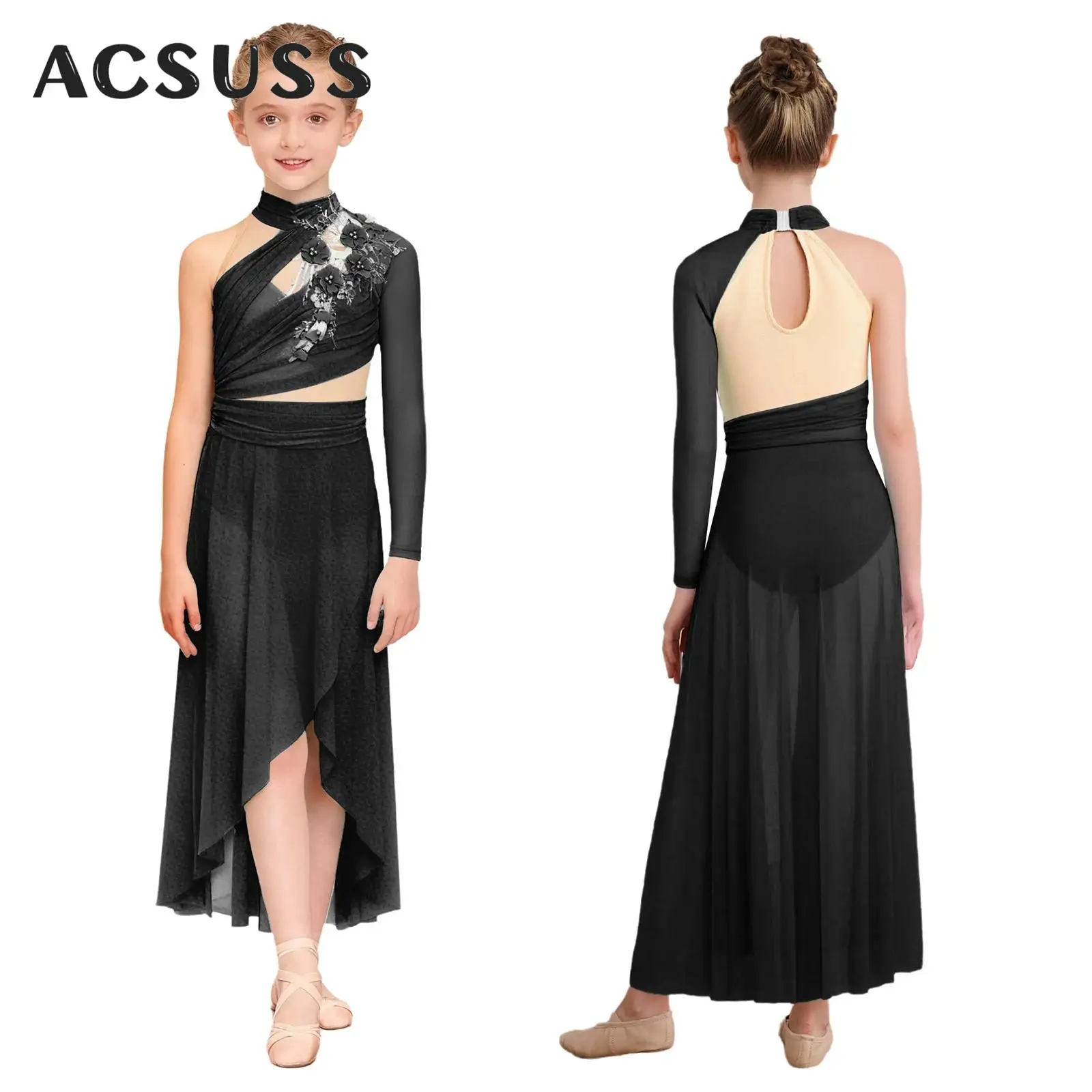 

Платье для лирических танцев для девочек, аппликация на одно плечо, прозрачная сетка, балетные трико, фигурное катание, художественная гимнастика, современная танцевальная одежда