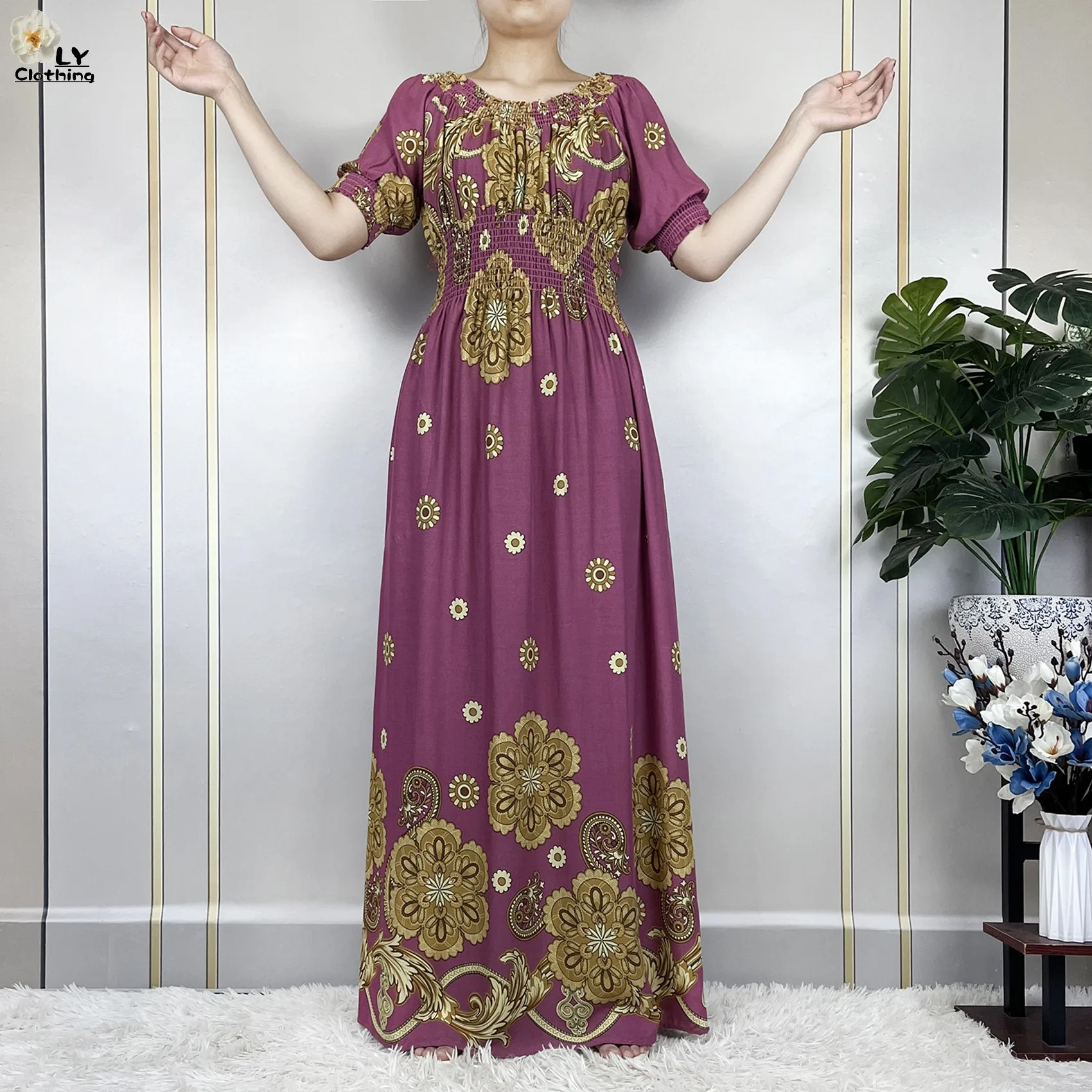 New Summer Muslim Abayas Fashion For Women Floral Elasticity Loose Femme Elegant Robe Maxi African Casual Dresses With Turban