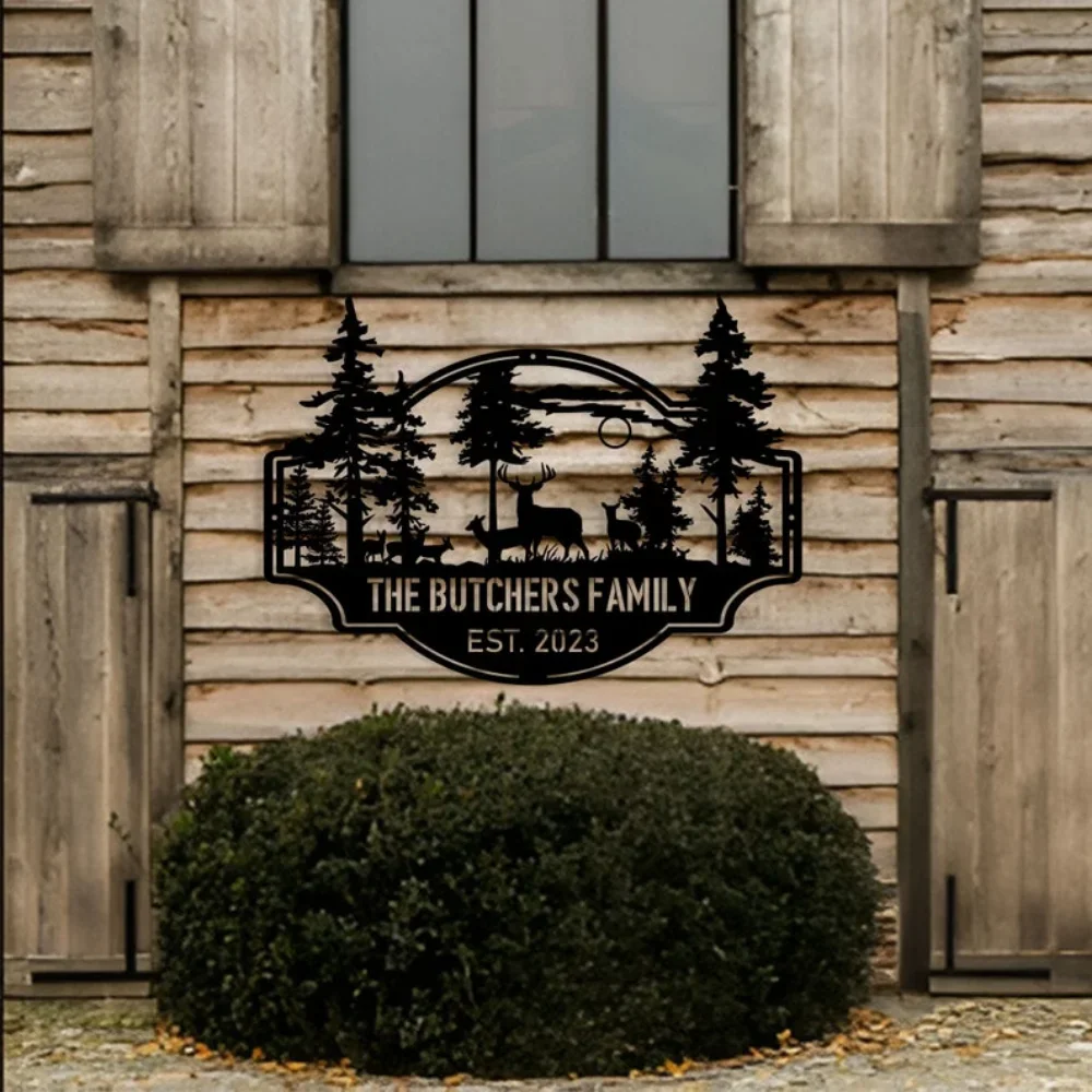 Last Name Signs for Home, Deer Forest-themed Metal. Personalized, Ideal for Outdoor. A Hunter Dad's Gift, with Nature's Charm.