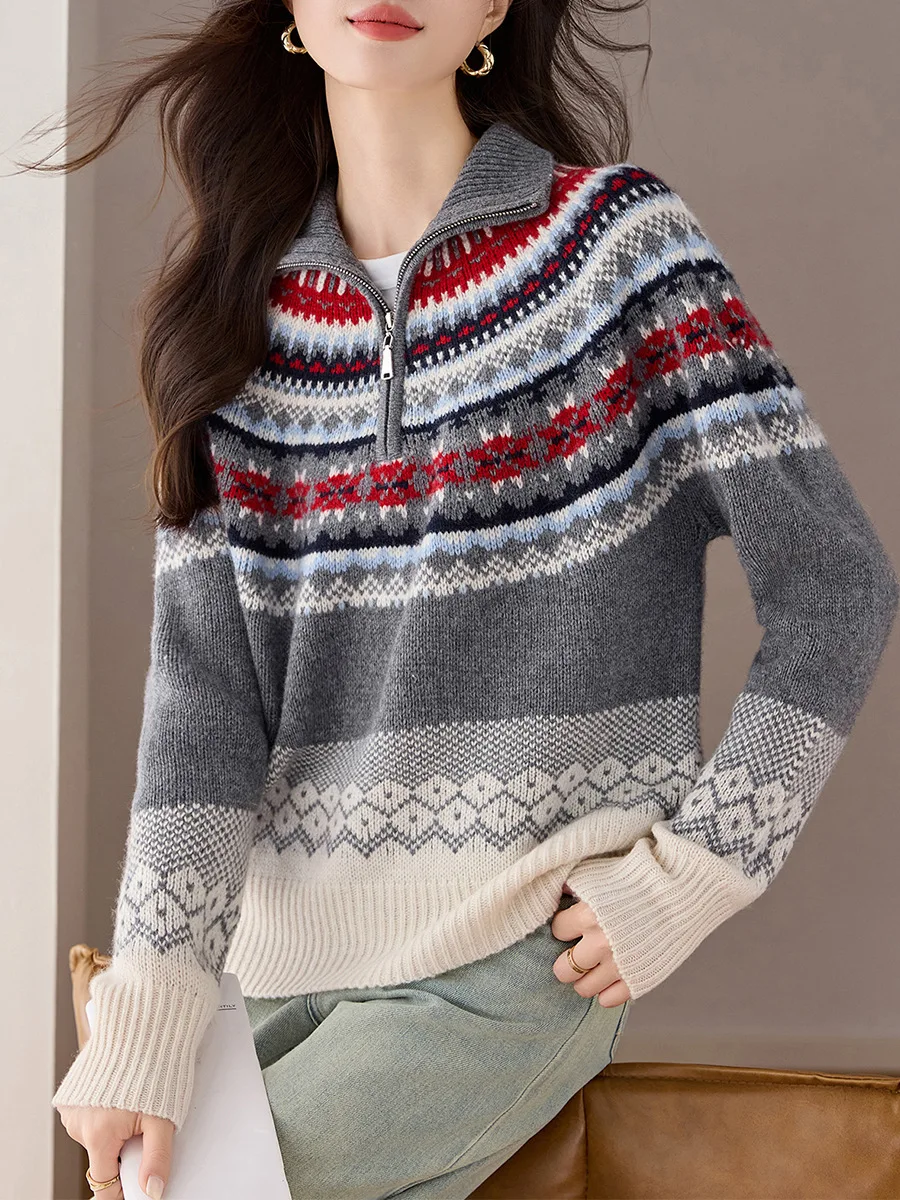 Birdtree ، سترة محبوكة من صوف الأغنام 100% ، سترة نسائية من قماش الجاكار بياقة واقفة وسحاب تريكو ، بلوفر كاجوال لخريف وشتاء 2025 T5N517JF