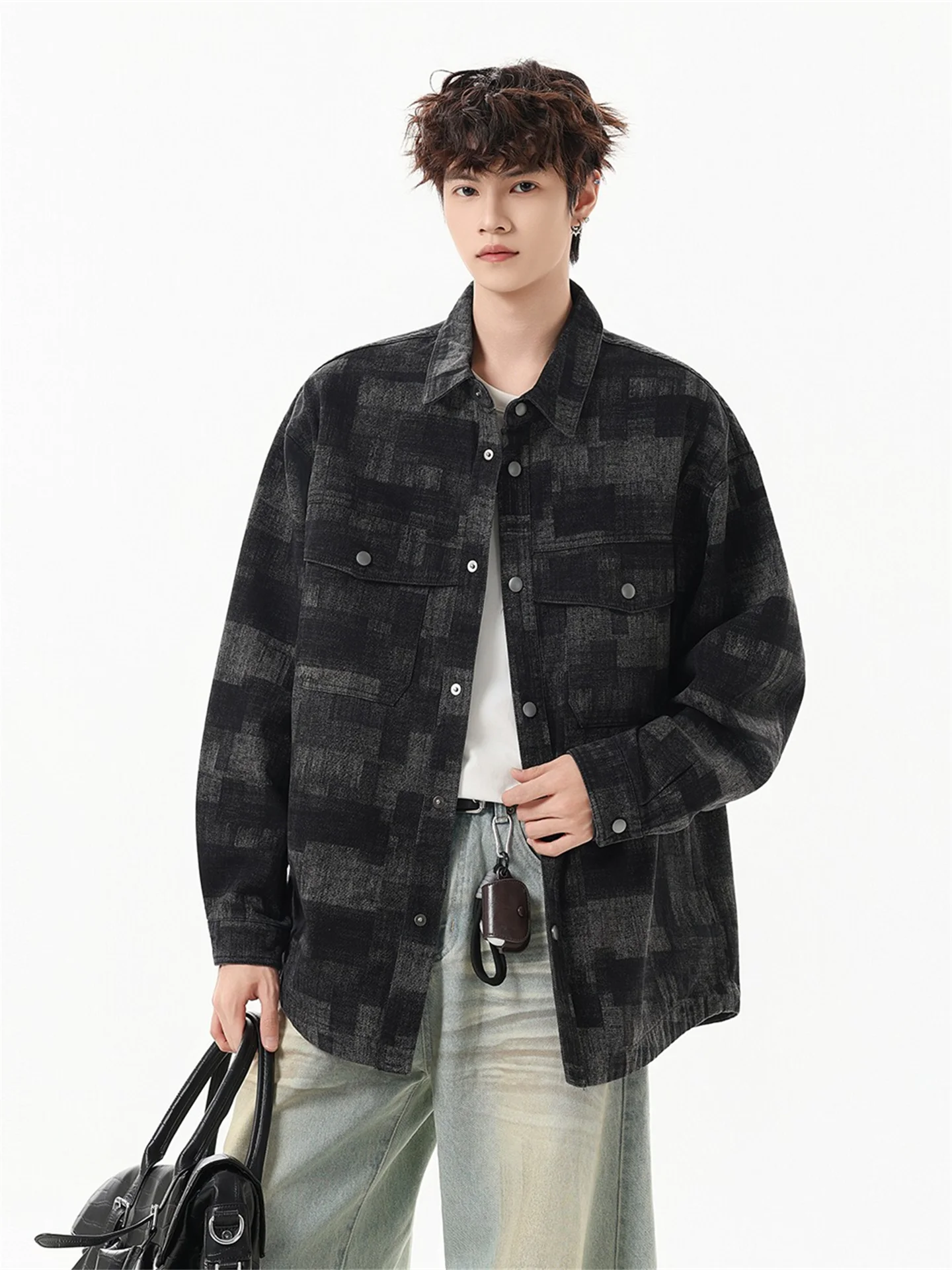 

American Sle Loose Fit Vintage Waed Plaid Denim irt Men's Casual Workwear Jaet Turn-down Collar Hipster Haome