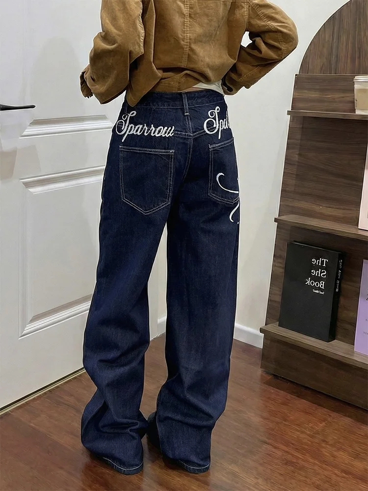 

Retro American Large Size Denim Jeans Women's Trendy Brand High Waist Straight Leg Long Pants Water Washed Embroidered Letters