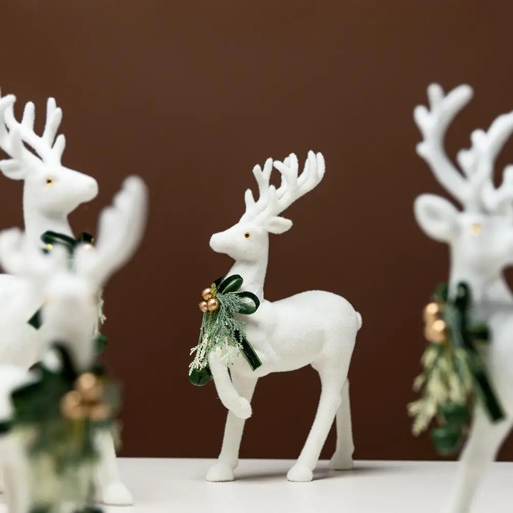 Minimalist White Flocked Ornaments White Flocked Elk Ornament with Ribbon Bell 3d Standing Deer Figurine Holiday Home Decor