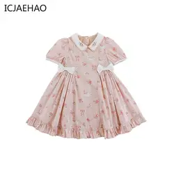 ICJAEHAO 2024 Baby Girls Dress Ruffled Pink Sweet Cute Flowers Animal Printing Holiday Newborn Kids Princess Bow Infant Clothing