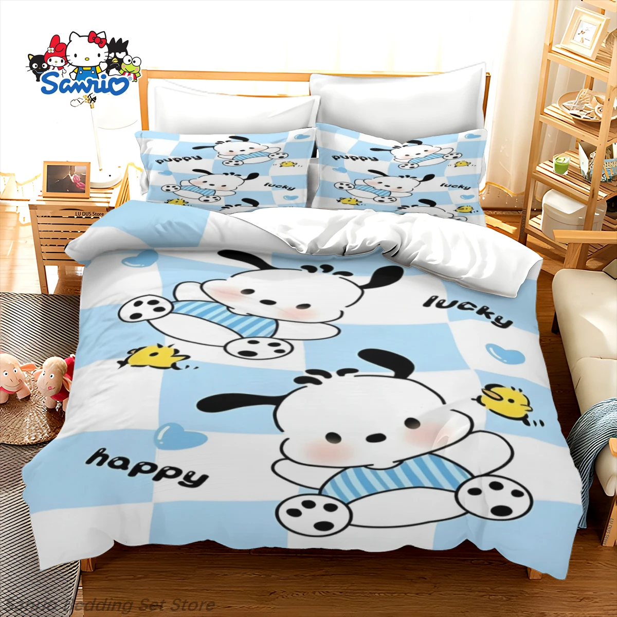 

Kawaii Sanrio Bedding Set Pochacco Blue Green Cute Anime Duvet Cover for Kids Teens Bedroom Decor Gift Queen King Size
