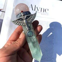 Natural Green Fluorite Point With Rose Quartz Crystal Sphere Magic Wand Healing Ornament For Home Decor