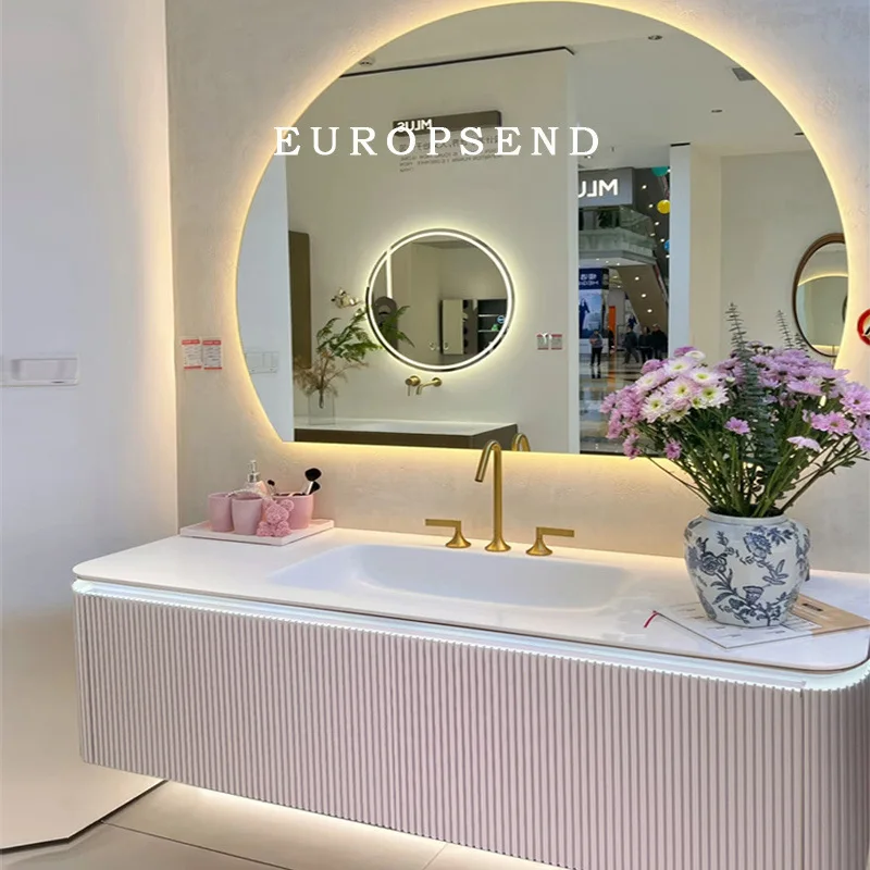 Pink Oak Bathroom Cabinet Ceramic Integrated Basin Sink Bathroom Rounded Corner Face Wash Basin Combined Cabinet