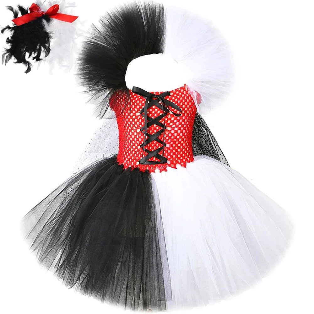 Black White Cruella de Vil Costumes Girls Dalmatian Dog Tutu Dress with Cloak Kids Christmas Halloween Outfit New Years Clothes