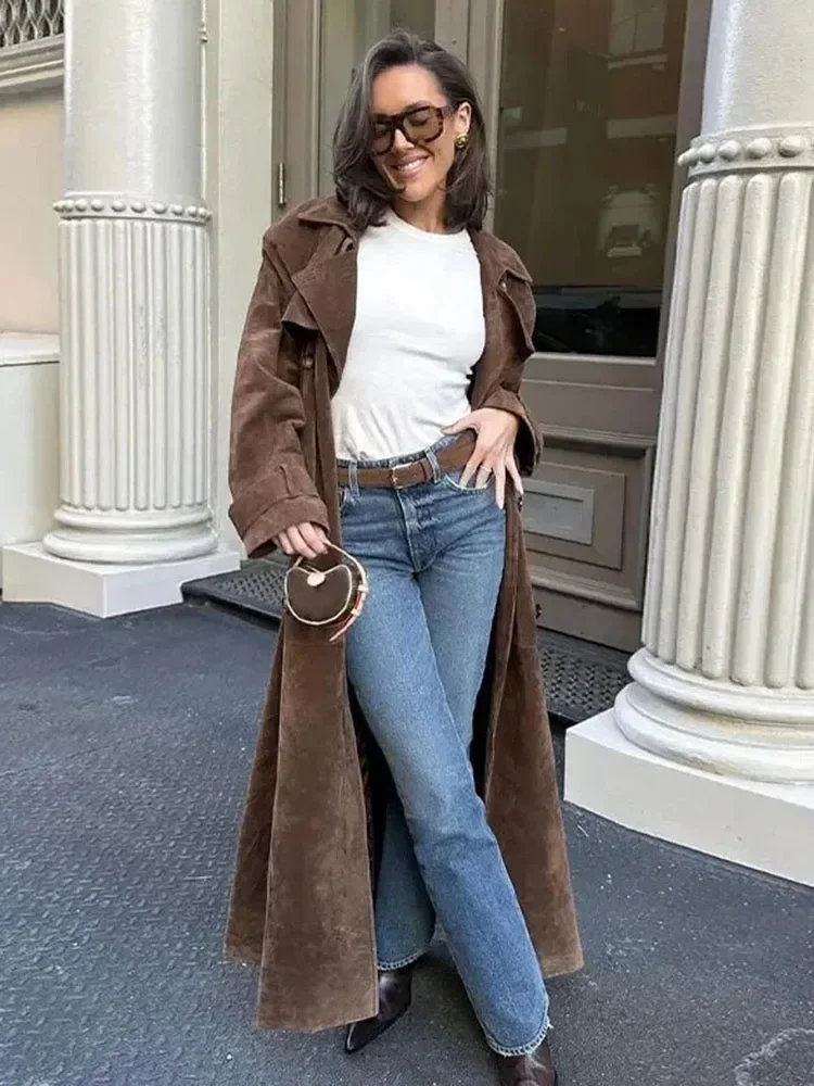 TARUXY Female Retro Jacket Elegant Brown Belted Waist Long Coat Double Breasted High Street Autumn Fashion Full Sleeve Outwear