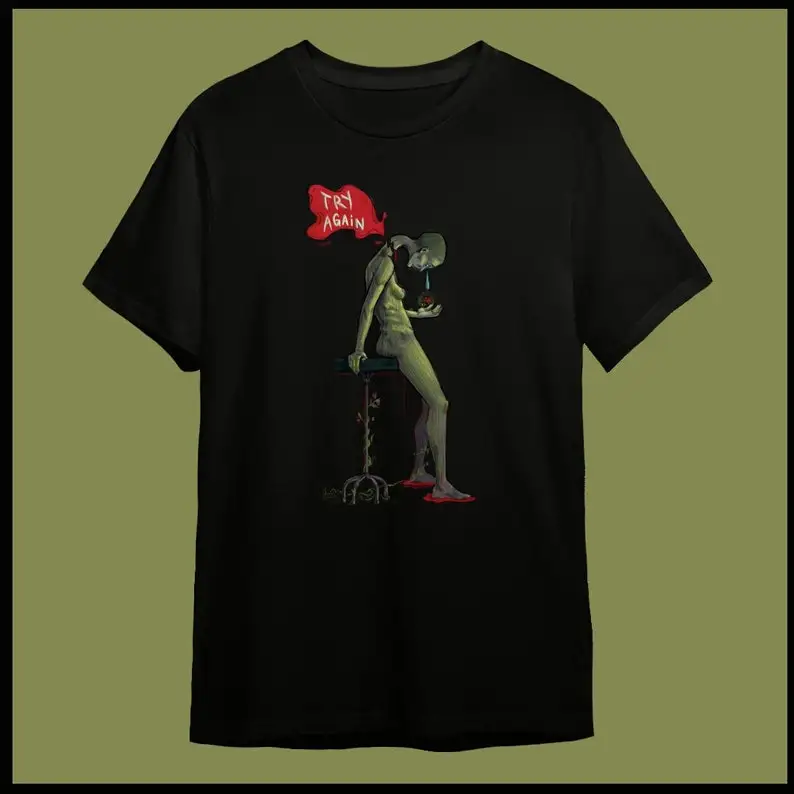 Попробуйте снова! Суперреалистичный дизайн, темная сказочная рубашка, черная рубашка унисекс, альтернативная футболка, оригинальный дизайн, винтажная модель