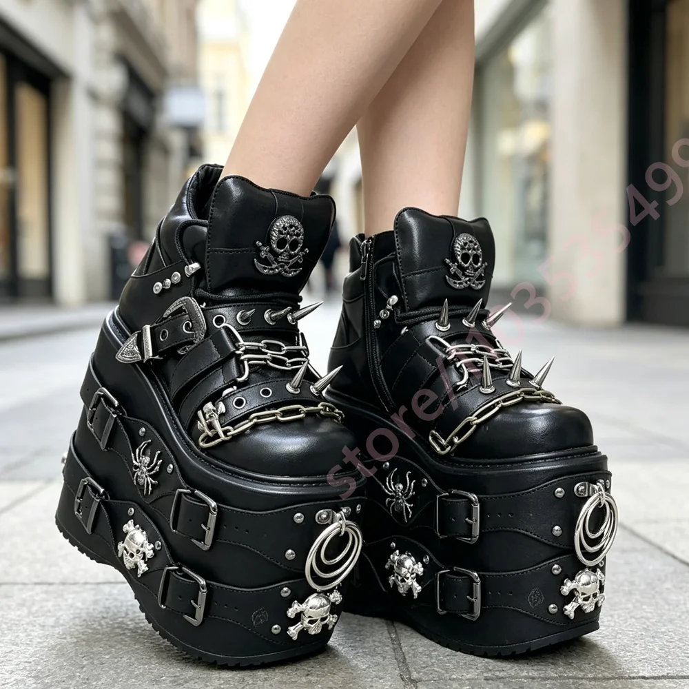 Gothic Platform Ankle Boots 2026 Spike Chain Multi Buckle Strap Thick Sole Punk Rock Fashion Cosplay Streetwear Black Wedge Boot