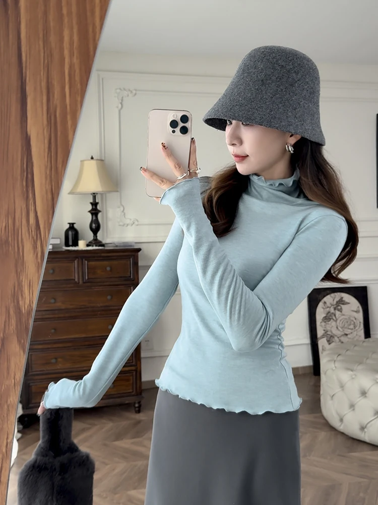 

Zhang ei синий высокий воротник, шерстяная основа irt, внутренняя одежда, удобный воздушный деревянный корейский женский вязаный топ