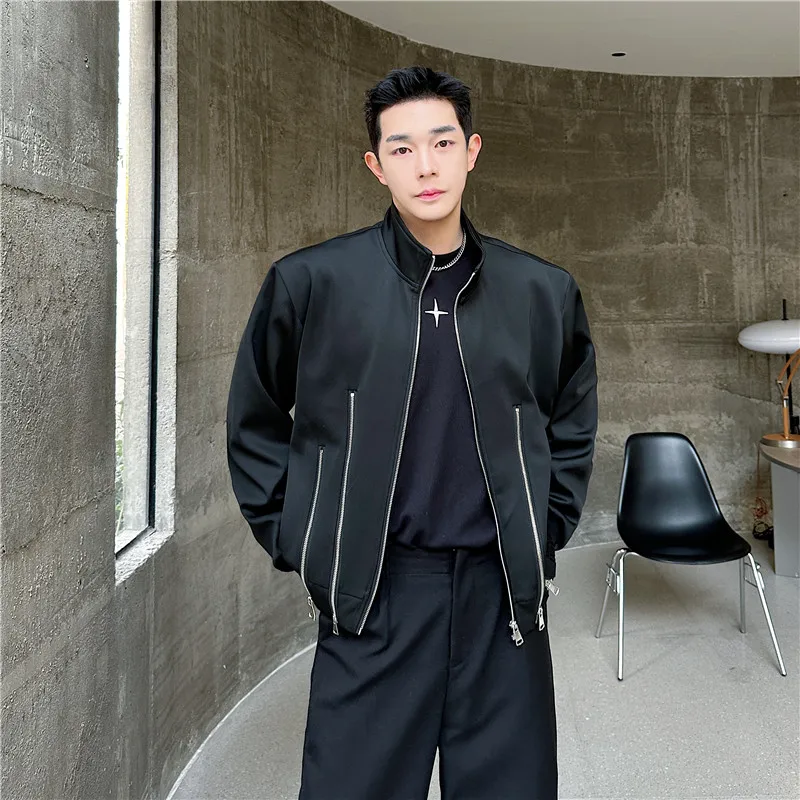 

SYUHGFA Korean Style Men's Wear Jackets Personality Zipper Design Stand Collar 2024 Autumn Loose Male Short Coats New Chic