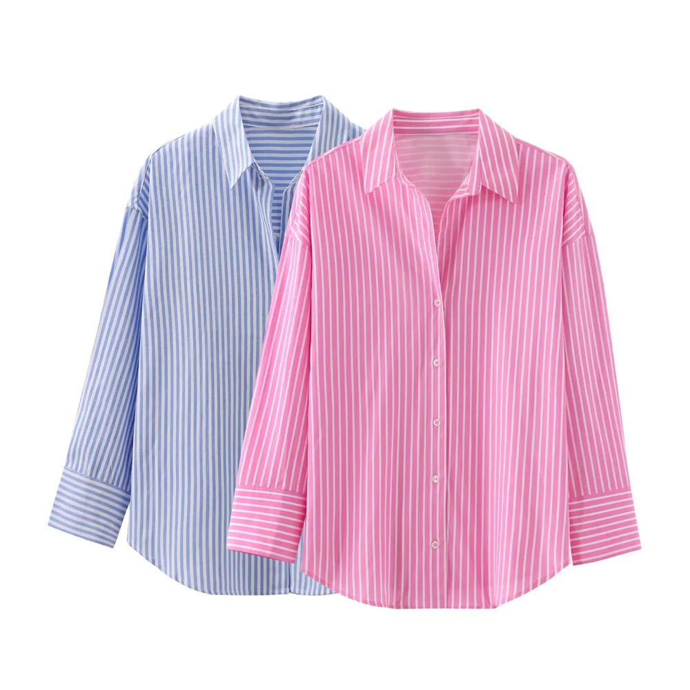 UNIZERA2024 Summer New Product Women\'s Casual Loose Basic Polo Collar Long Sleeve Striped Poplin Shirt Top