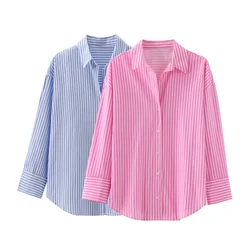 UNIZERA2024 Summer New Product Women's Casual Loose Basic Polo Collar Long Sleeve Striped Poplin Shirt Top