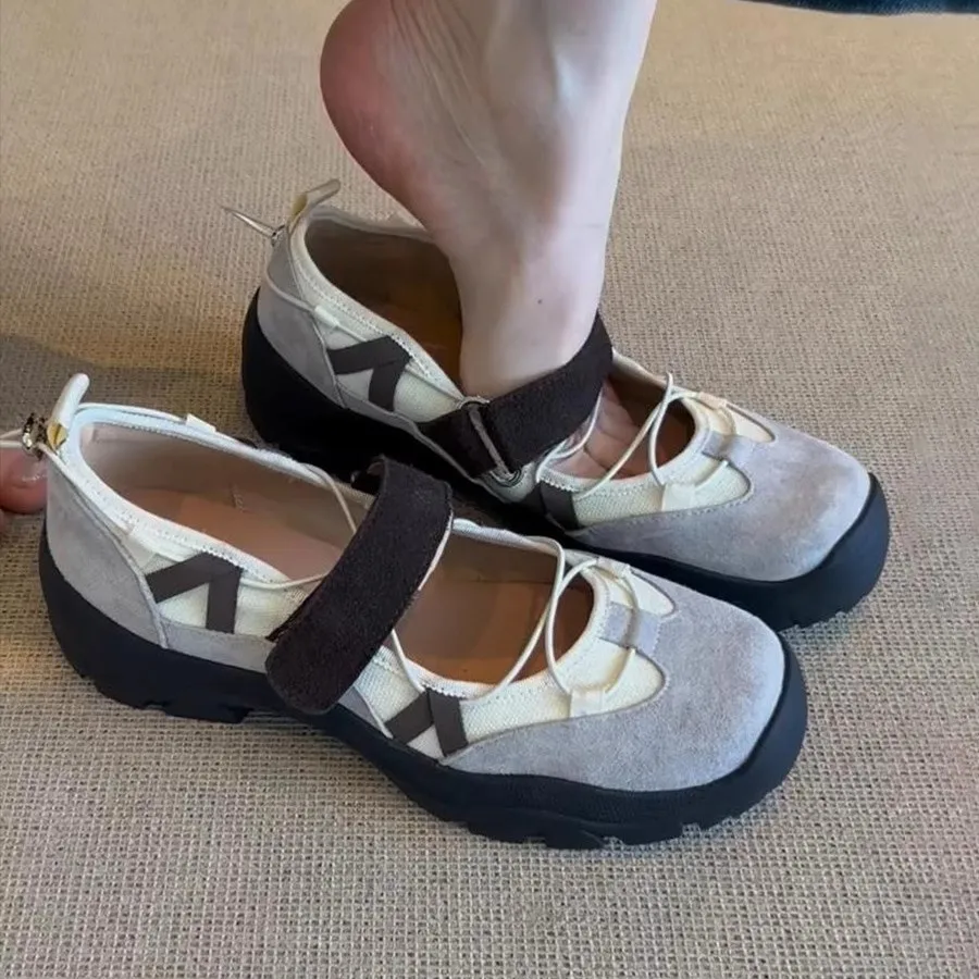 

Genuine Leather Chunky Sole Color-block Mary Jane Shoes Women's 2024 Retro Velcro Athletic Versatile Tech-style Flats
