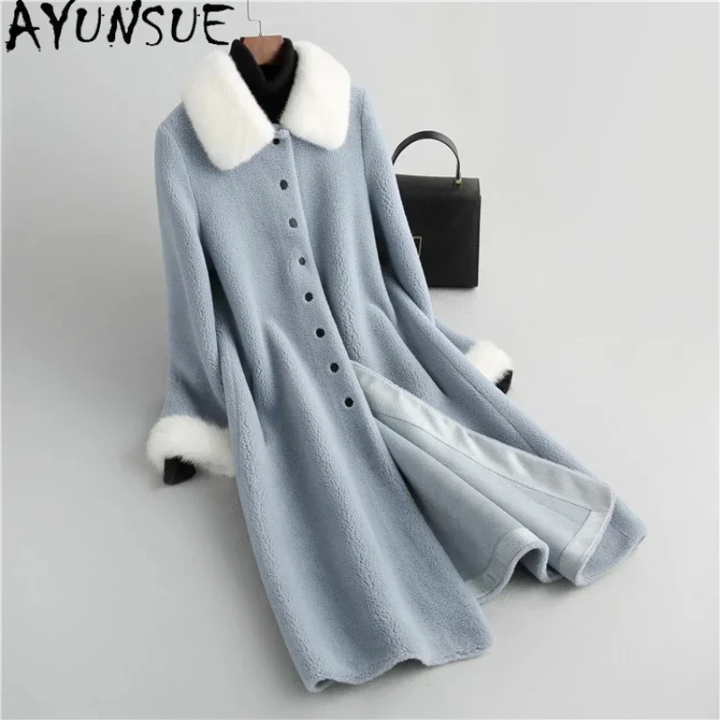 

brand AYUNSUE Sheep Shearing Coats for Women 2024 Autumn Winter Luxury Mink Fur Collar and Cuff Medium 100% Wool Jacket jaquetas