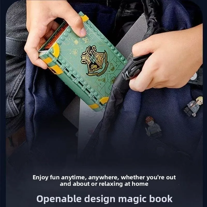 Bloques de construcción del aula de enseñanza de Harry Potter, bandera de la Academia de Magia, 6 libros de magia, regalos de varita mágica, juguetes de personajes de dibujos animados en miniatura.