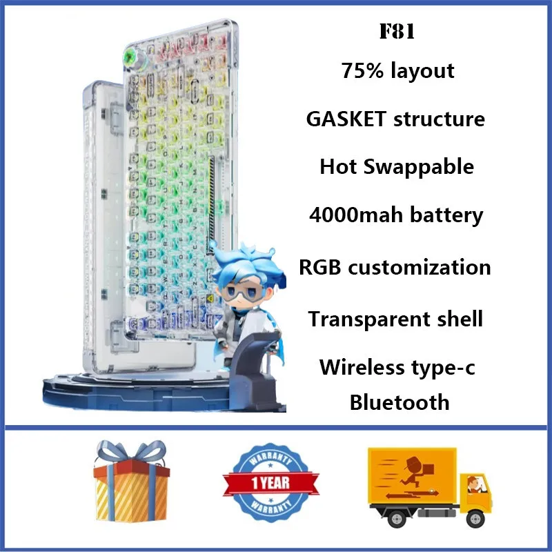 AULA F81 bezprzewodowa klawiatura mechaniczna struktura uszczelki Hot swap RGB niestandardowa przezroczysta klawiatura mechaniczna