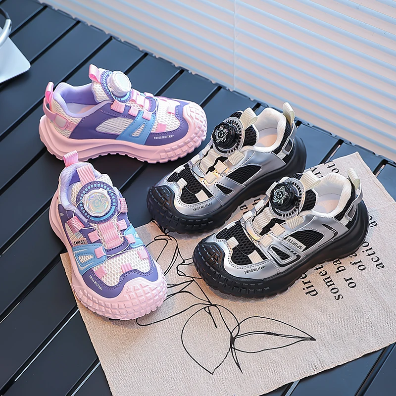 Kids Tennis Shoes Mesh Breathable Children Casual Shoes Rotating Button Soft Sole 2025 Autumn Boys Girls Sports Shoes Non-slip