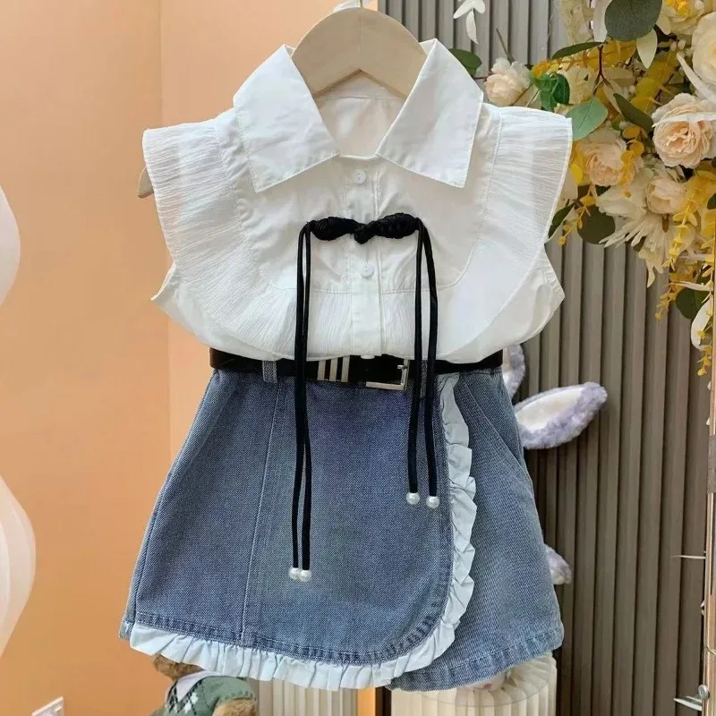 

Girl Princess Style Set 2025 Summer New Baby Girl Flying Sleeve Shirt+Cowboy Lace Skirts 2PCSChildren Clothing Sets