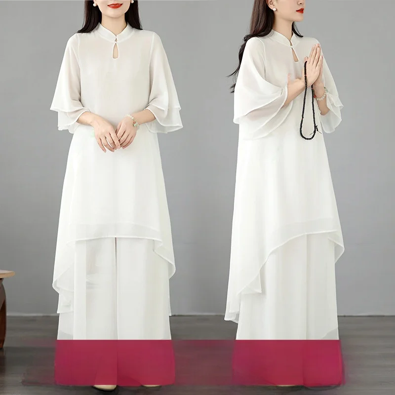 

Elegant Long Silk Georgette Printed Dress Set with Stand Collar for Women over 35 Summer 2026 Fashion Vintage Chinese Style
