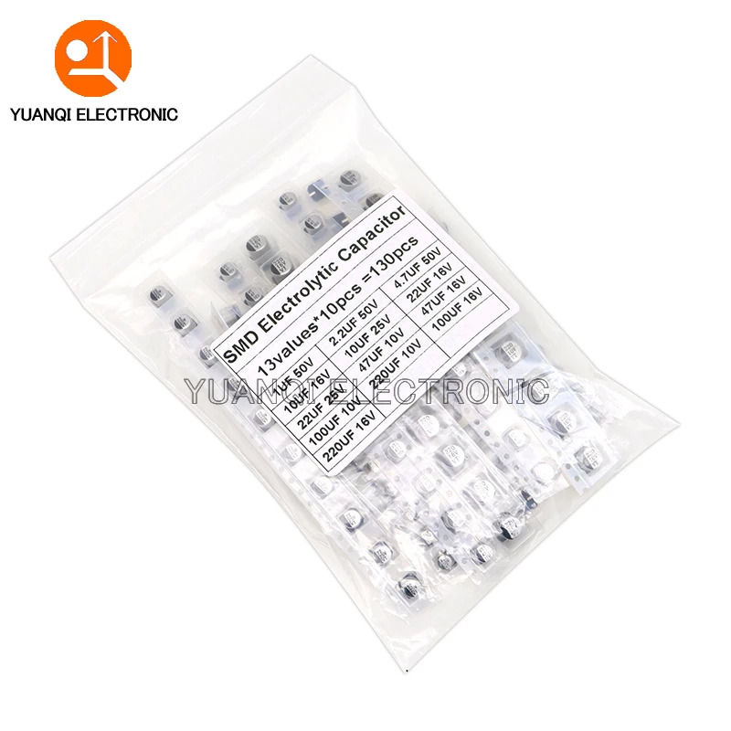 130pcs/Lot 1uF-220uF SMD Aluminum Electrolytic Capacitor Assorted Kit 13values*10pcs=130pcs Samples Set