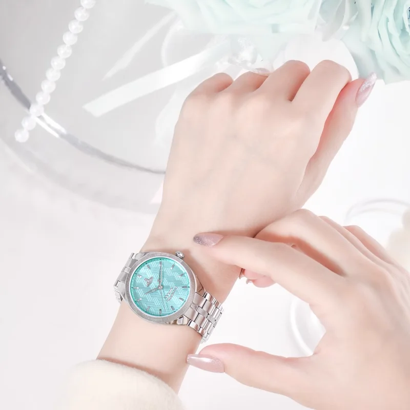 Koleksi Wanita Vivienne Westwood 2025 - Jam Tangan Tali Baja Tahan Karat Estetika Tinggi Biru Danau