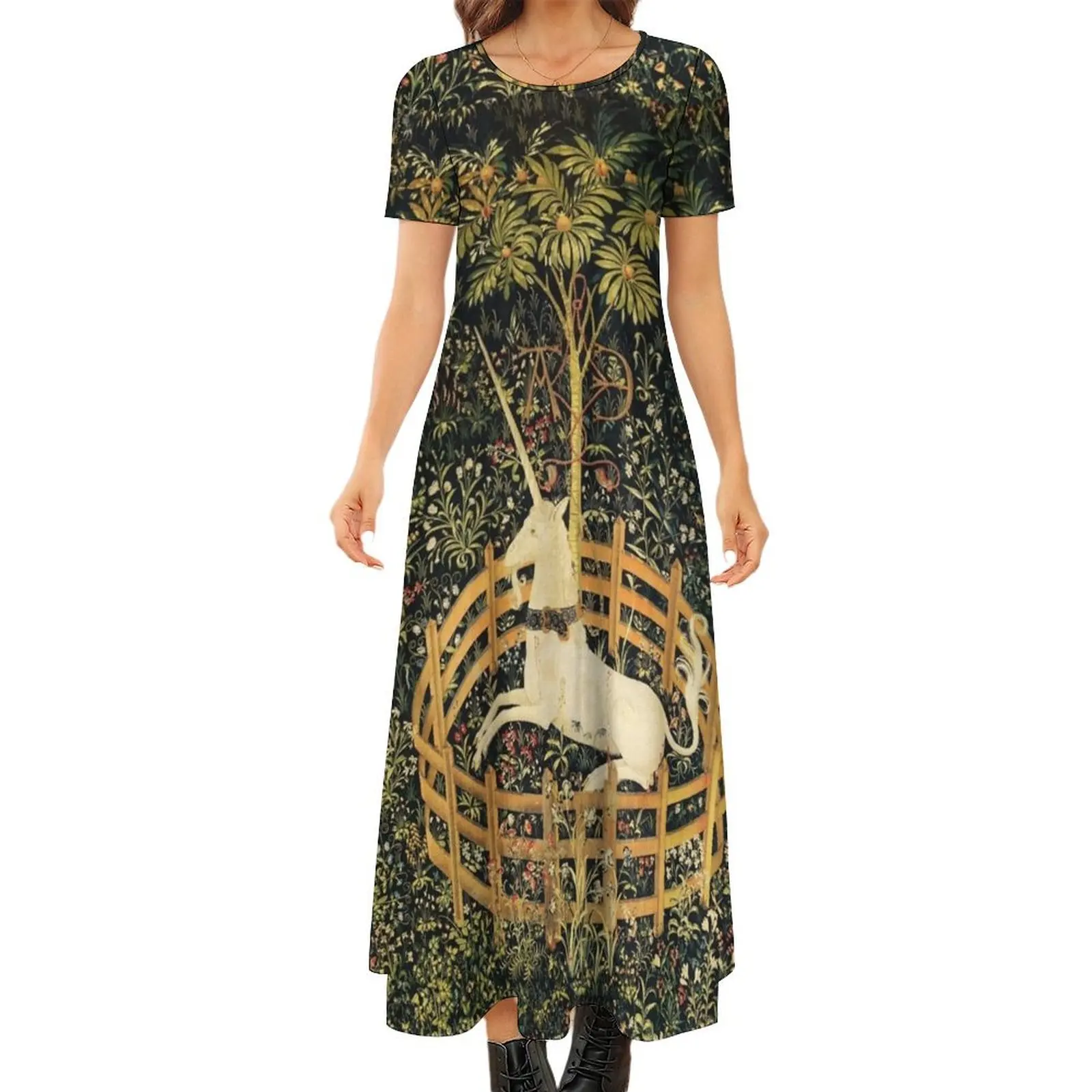 

UNICORN IN CAPTIVITY AND GOTHIC FANTASY FLOWERS, GREEN FLORAL MOTIFS Round Neck Short Sleeve Dress Woman clothing