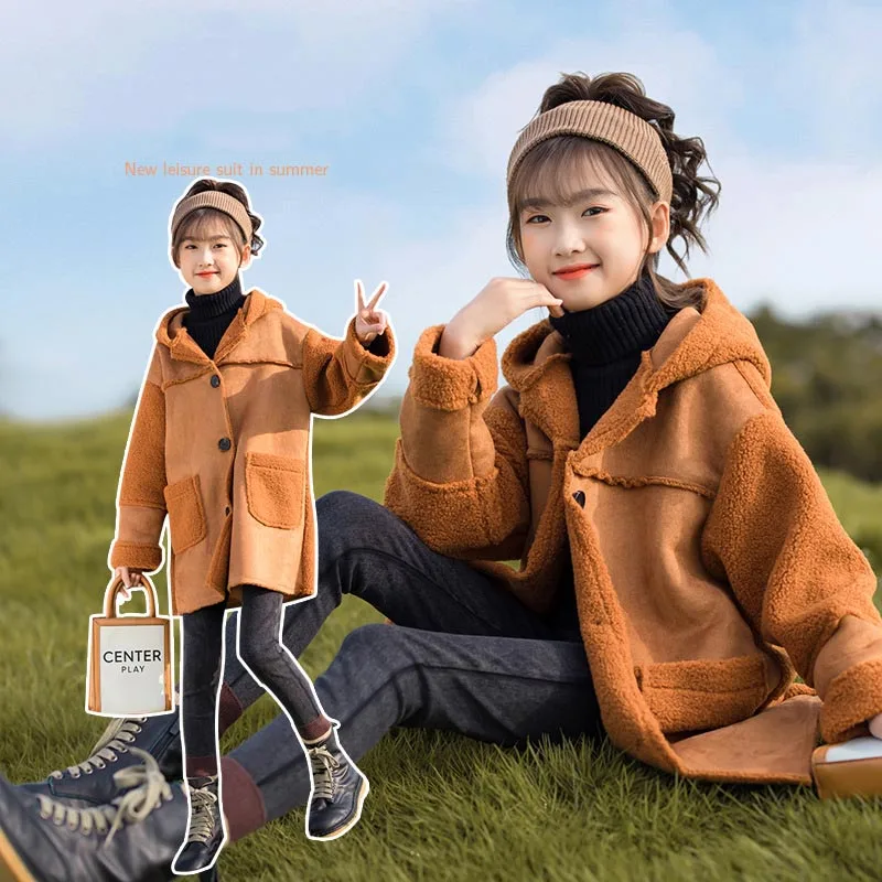 ZOETOP 2024 Winter Children Girl Integrated Fur Leather Jacket School Girl Hooded Thick Warm Long Coat Junior Girl Suede Jacket