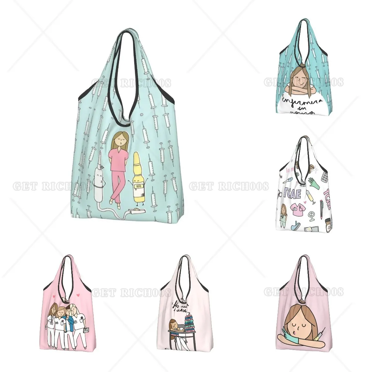 Cartoon Cute Nurse Doctor Printed Folding Shopping Bag Custom Shopper Tote Shoulder Bag Big Capacity Portable Handbag