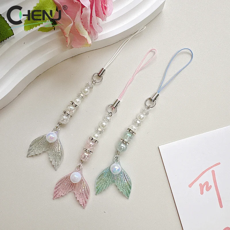 1Pcs Mermaid Tail Pendant Macaroon Beading Keychain Phone Chain Lanyard Original Anti-lost Decoration Accessories Gift