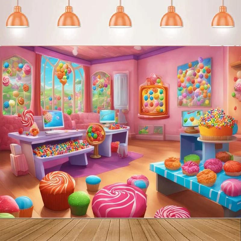

Ice Cream Shoppe Photography Backdrop Candy Shop Sweet Lollipop Chocolate Shoppe Background Girls Children Birthday Party Banner