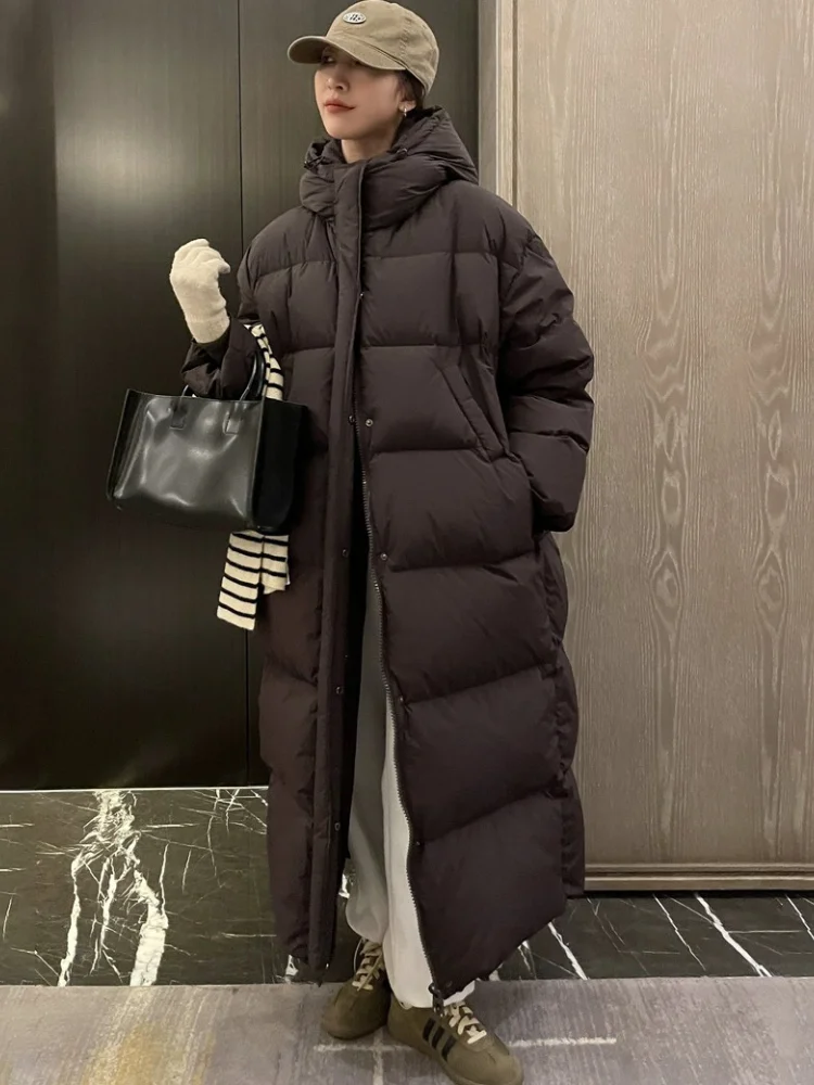 Winter Jacket for Women Thickened Warm 90 White Duck Long Coats Down  Loose Casual Standing Collar Hooded  New in Outerwears