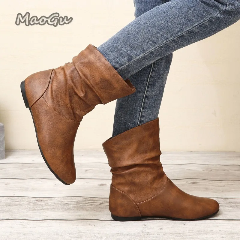 Size 36-42 Autumn Women Leather Short Boots Slip on Fashion Pleated Round Toe Low Heel Women's Boots Botines Para Mujeres Botas
