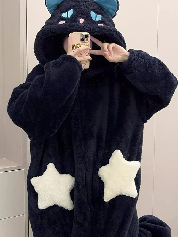 plus Size 300 Pou Winter Onesie Women's Coral Fce Thiened Home Clothes Set Adorable Cartoon Print High Waist Long Pants