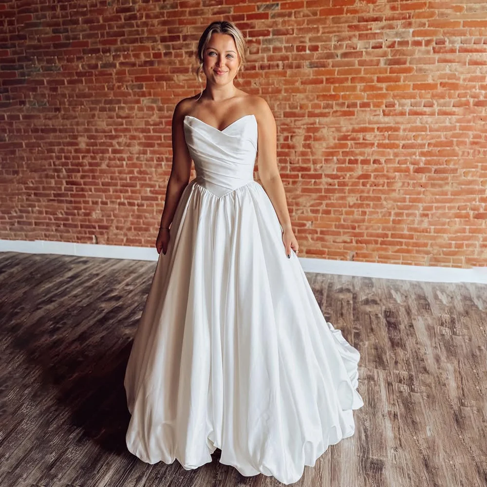 Satin Strapless A-Line Wedding Dress Backless Evening Gown Robe De Mariée Vestido De Novia Elegant Bridal Dress