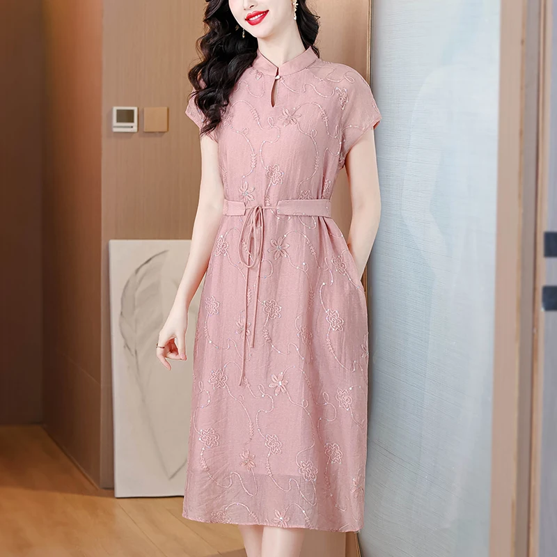

Spring Formal Occasion Silk Luxury Midi Dress Women Vintage Embroidery Beach Boho Dress 2025 Summer Elegant Casual Party Vestido