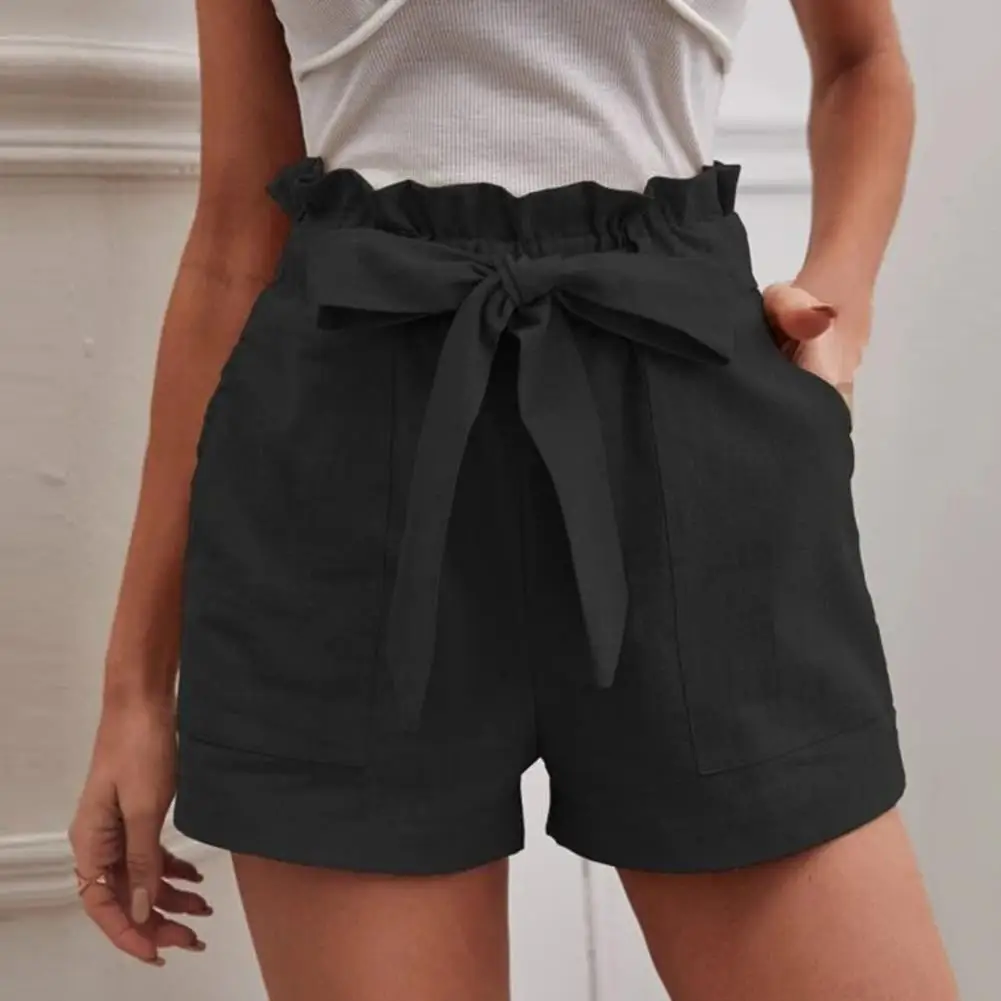 

Women Shorts High Elastic Waist Shirring Bow Decor Solid Color Pockets Loose Casual Straight Above Knee Length Summer Shorts