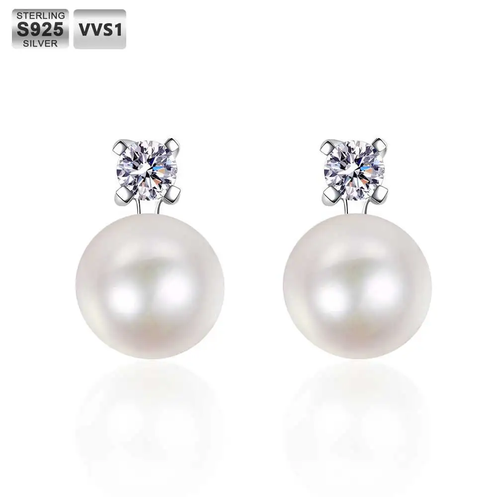 VVS1 D Color Round Moissanite Pearl Stud Earrings 925 Silver Hypoallergenic Freshwater Pearl Earrings Women Wedding Bridal Gift