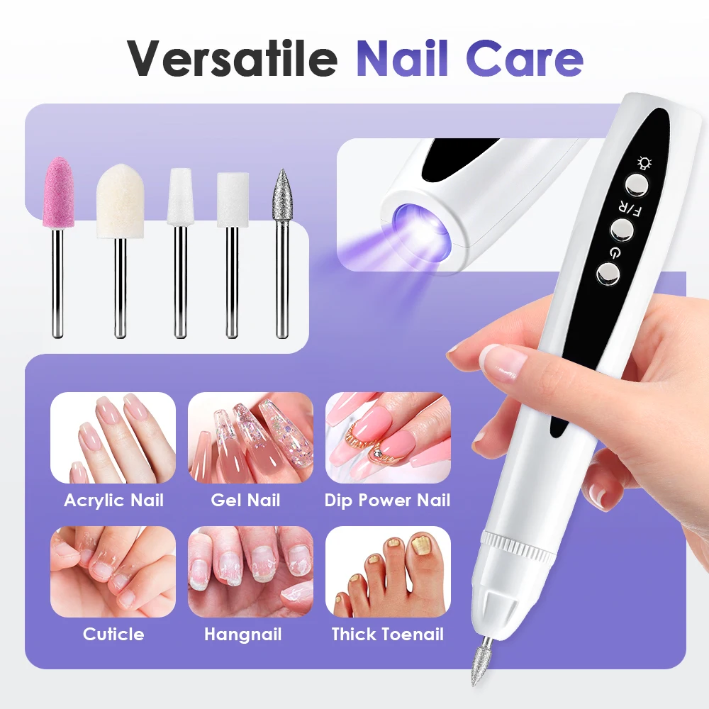 Electric Nail Polisher Drill Bits Professional Nail Grinding Polishing Manicure Tool 5mode Rechargeable Nail Drill With UV Light