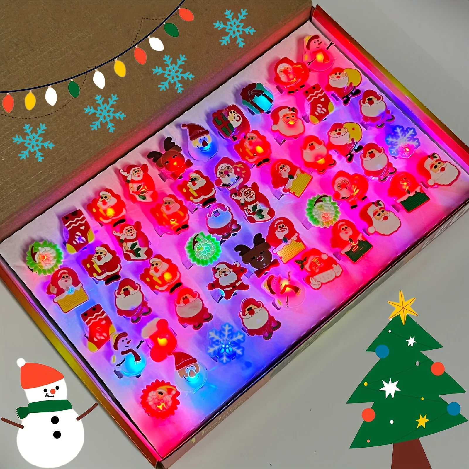 50pcs Christmas LED Flashing Rings Glowing Finger Ring Cute Cartoon Light Up Ring Luminous Rings Toy Christmas Party Supplies