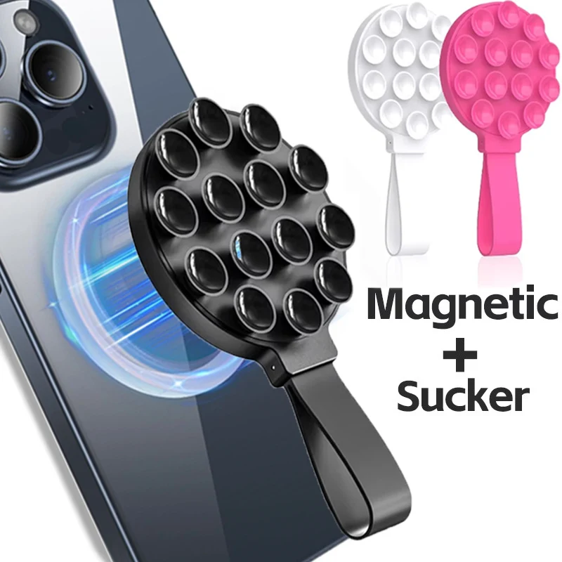 Magnetic Suction Cup Phone Mount Mirror Shower Silicone Suction Phone Case Grip Stand Holder For iPhone 16 15 14 Android Magsafe