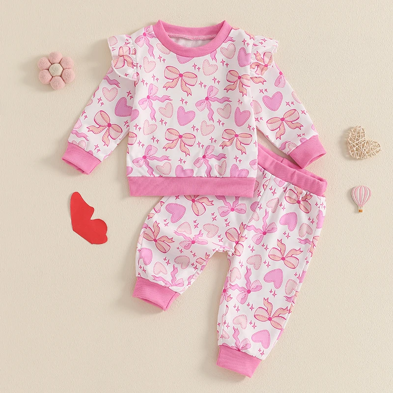 Toddler Girls 2PCS Valentine's Day Sets Long Sleeve O Neck Heart Bow Print Tops Pants Set