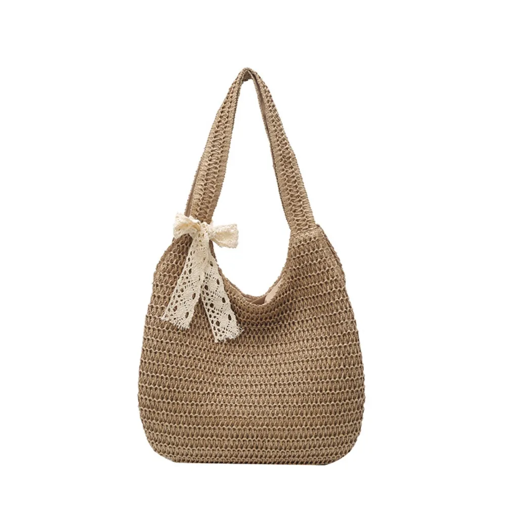 

with Ribbon Woven Tote Bag Hollow Out Breathable Shopping Straw Bag Polyester Large Capacity Summer Beach Handbag Vacation