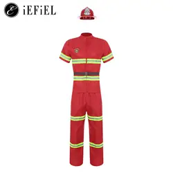 Adult Fireman Halloween Cosplay Costume Buster Short Sleeve Overalls Firefighter Uniform Jumpsuits with Belt Plastic Helmet