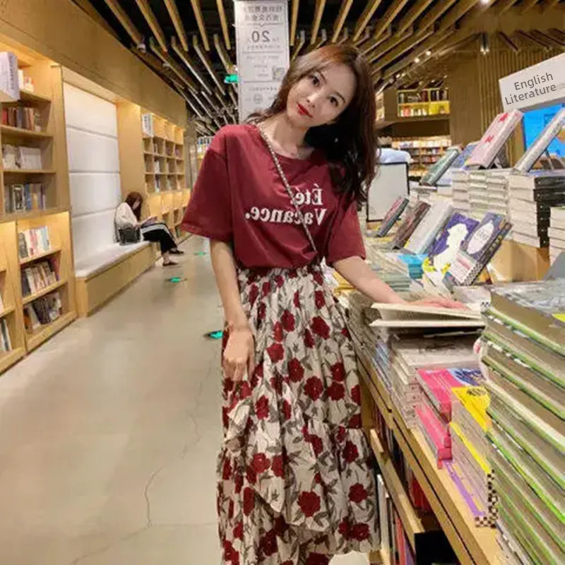 

Slimming plus Size Fashionable Two-Piece Set Dress Sweet Short Sleeve round Neck Commute Style Summer Collection